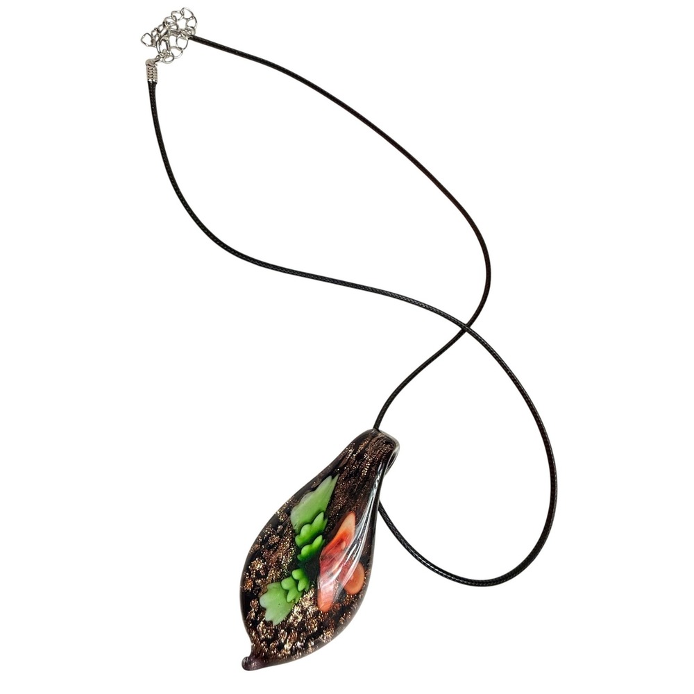 Murano Style Glass Pendant Necklace Teardrop Floral Black Gold Sparkle Boho 24 - Picture 2 of 5